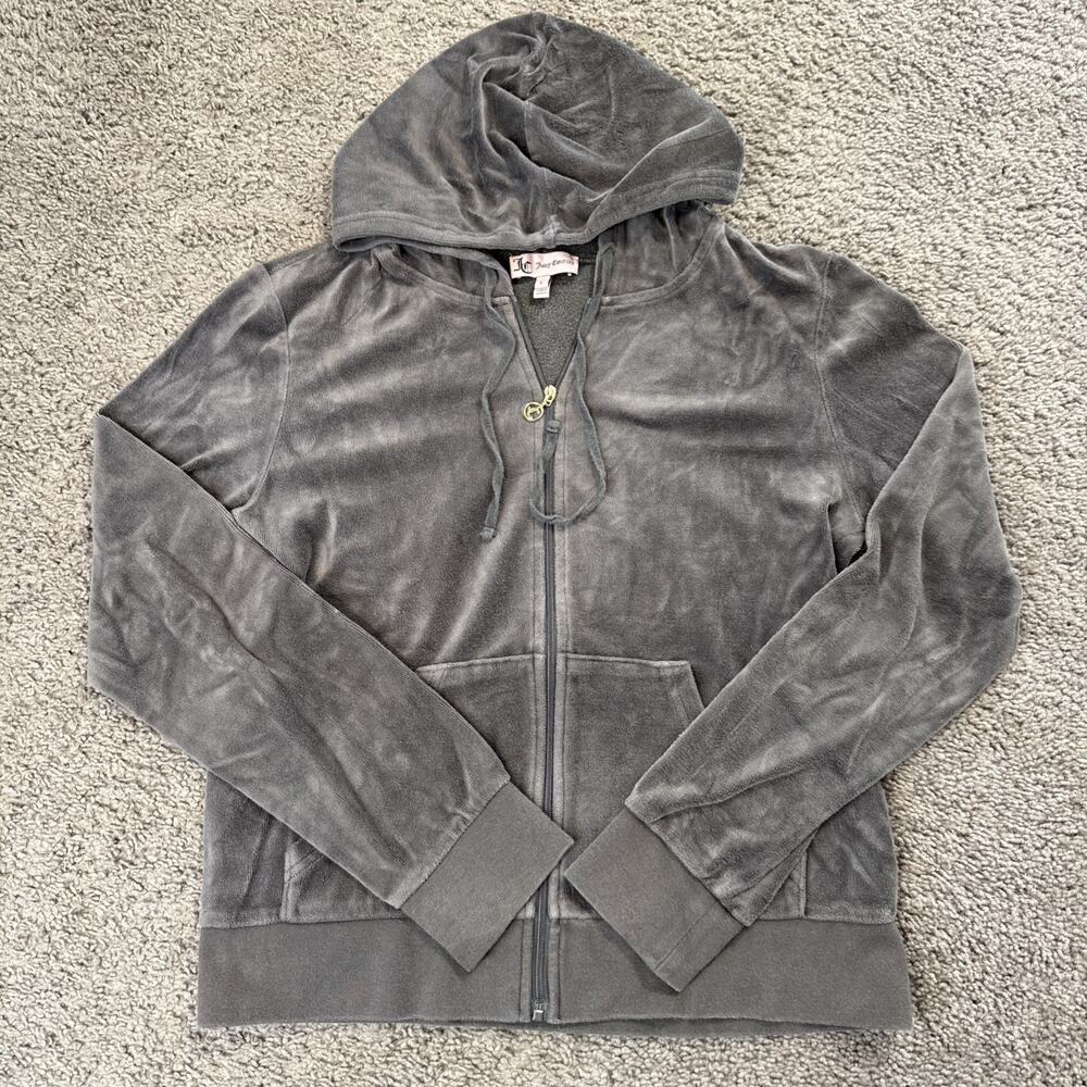 Juicy Couture Y2K Velour Track Suit Jacket L‎ Gray Rhinestone Crown Bling Zip Up